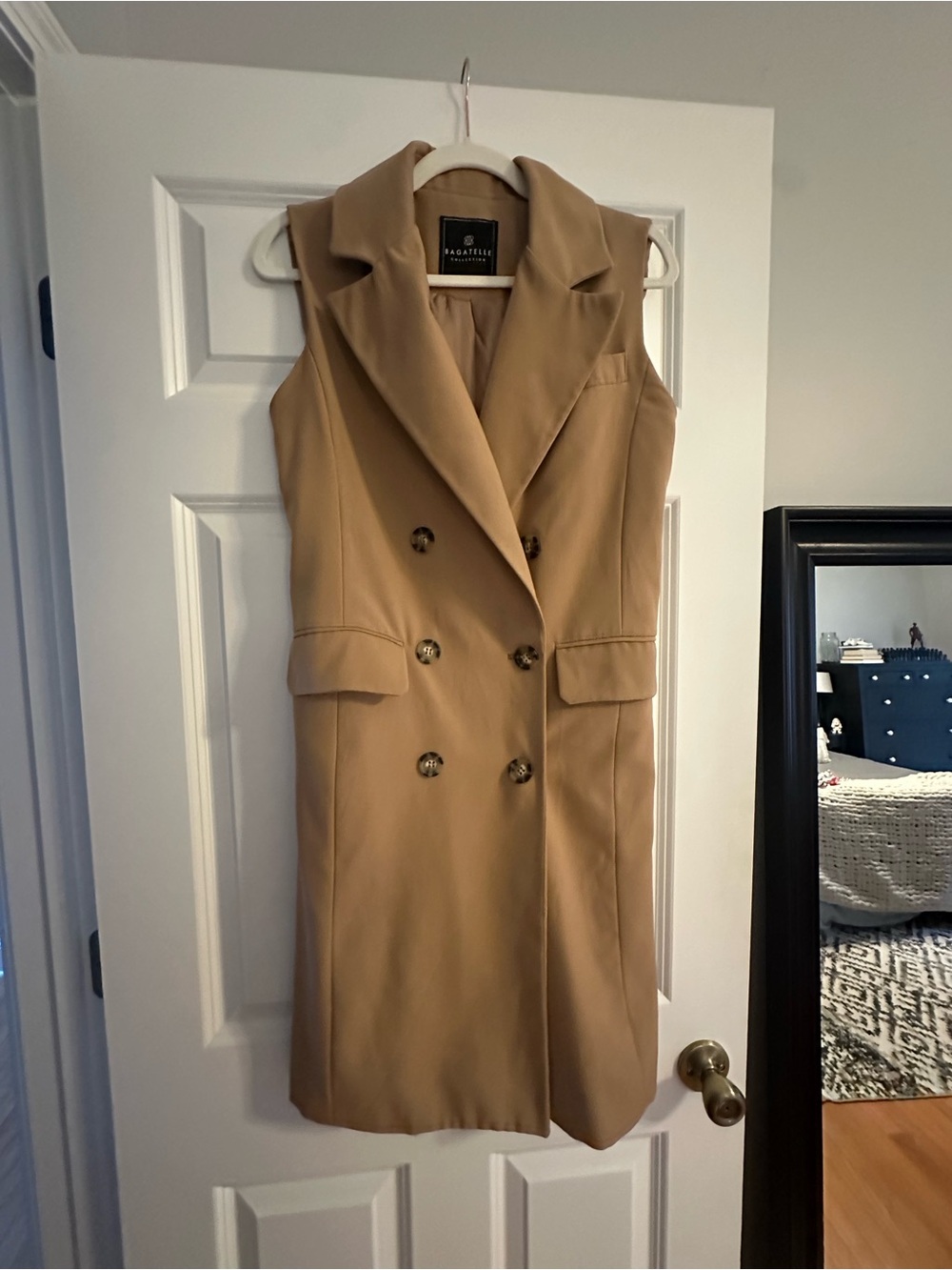 Bagatelle Sleeveless Double-Breasted Vest Dress in Camel